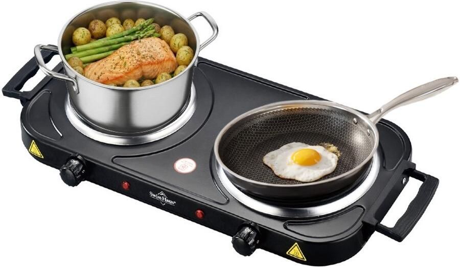 Swiss Haus HPD23 Dubbele Elektrische Kookplaat – 2500W – 2 Pits Vrijstaand – Ø155 185mm – 5 Warmtestanden – Compact & Draagbaar – Zwart