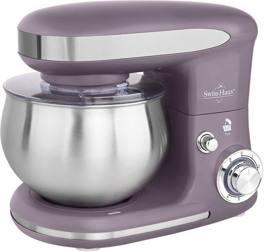Swiss Haus KM1805 Keukenmachine 1300W Keukenrobot – 5L RVS Mengkom – Keukenmixer met 6 Snelheden + Pulse – met Deeghaak & Garde – Paars
