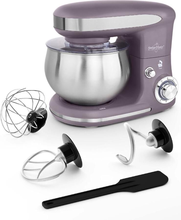 Swiss Haus KM1805 Keukenmachine 1300W Keukenrobot – 5L RVS Mengkom – Keukenmixer met 6 Snelheden + Pulse – met Deeghaak & Garde – Paars