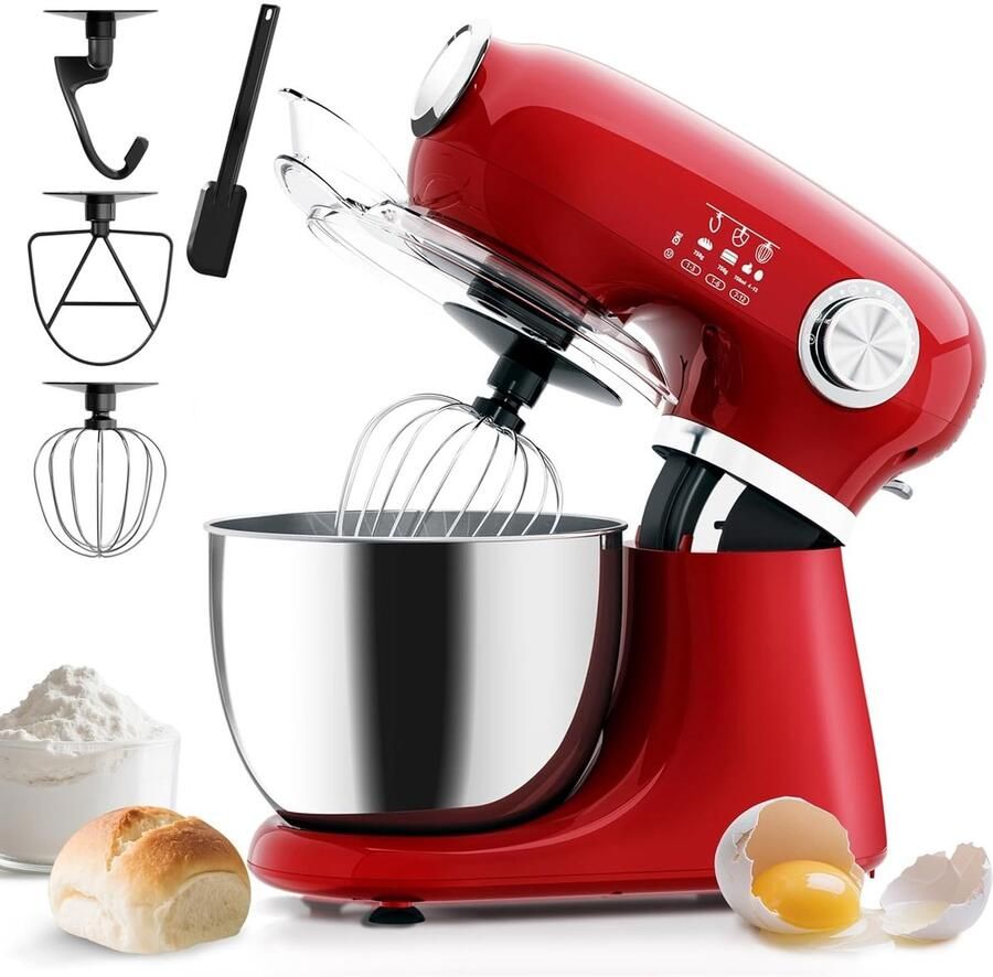 Swiss Haus KM1905 Keukenmachine – 1000W Keukenrobot – 5L RVS Mengkom met Handgreep – 12 Snelheden – Retro Design – Multifunctionele Keukenmixer met Accessoires Rood