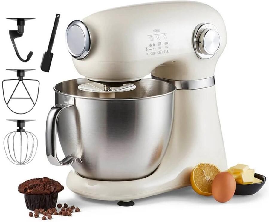 Swiss Haus KM2005 Keukenmachine – 1000W Keukenrobot – 5L RVS Mengkom met Handgreep – 12 Snelheden – Retro Design – Multifunctionele Keukenmixer met Accessoires Crème