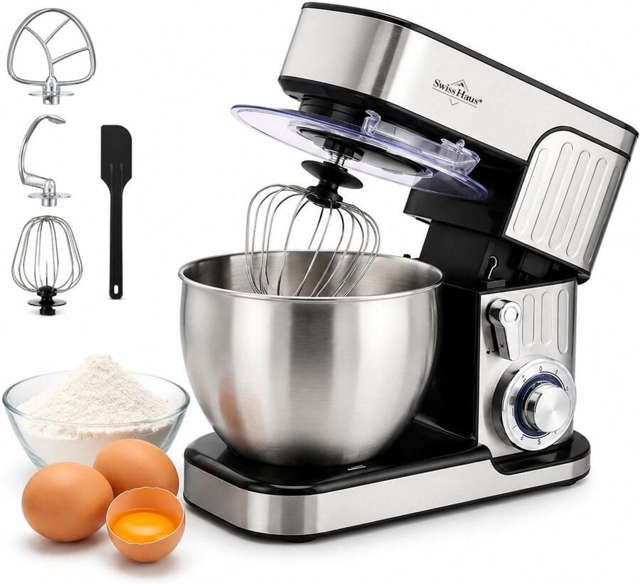 Swiss Haus KM2206 Keukenmachine – 1300W Keukenrobot – 6L RVS Mengkom – 6 Snelheden + Pulse – Multifunctionele Keukenmixer met Deeghaak Garde & Klopper – RVS