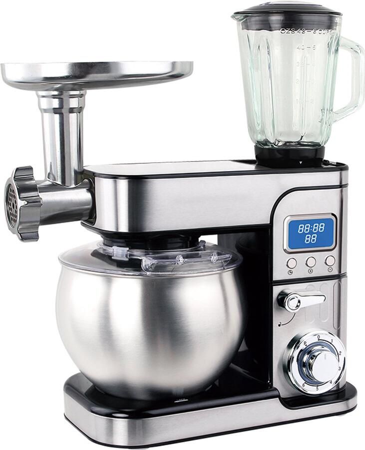 Swiss Haus KM2206BG Keukenmachine 1300W – 6L RVS Mengkom – Keukenrobot met Blender 1.5L & Vleesmolen – Foodprocessor met Timer & LED Display – 6 Snelheden + Pulse – RVS