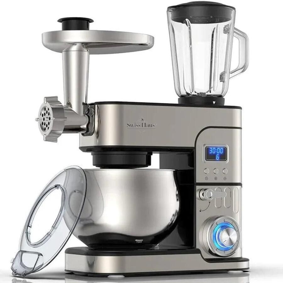Swiss Haus KM2206BG Keukenmachine 1300W – 6L RVS Mengkom – Keukenrobot met Blender 1.5L & Vleesmolen – Foodprocessor met Timer & LED Display – 6 Snelheden + Pulse – RVS