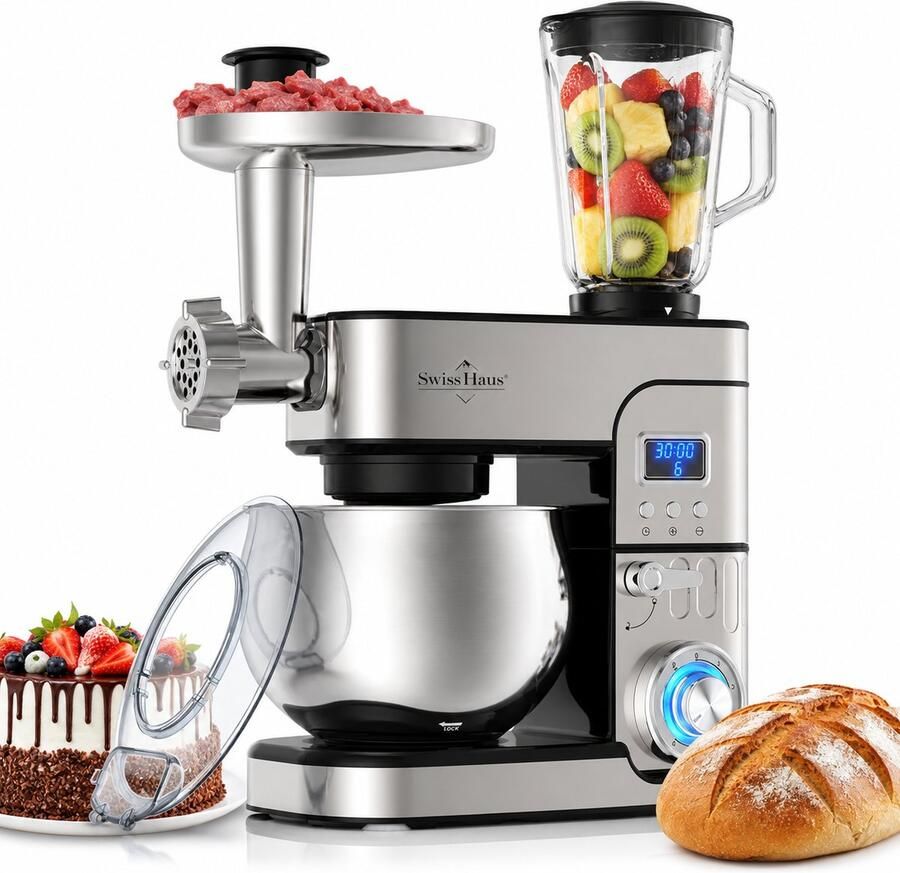 Swiss Haus KM2206BG Keukenmachine 1300W – 6L RVS Mengkom – Keukenrobot met Timer & LED Display – Foodprocessor met Blender 1.5L & Vleesmolen – 6 Snelheden + Pulse – RVS - Foto 2