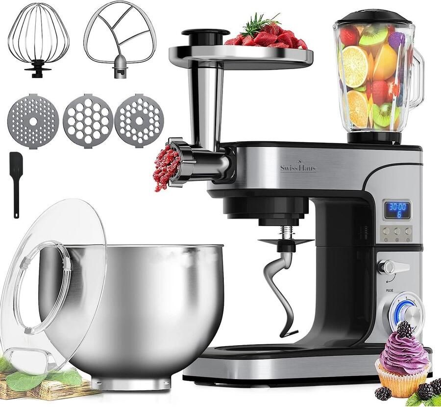 Swiss Haus KM2206BG Keukenmachine 1300W – 6L RVS Mengkom – Keukenrobot met Timer & LED Display – Foodprocessor met Blender 1.5L & Vleesmolen – 6 Snelheden + Pulse – RVS - Foto 2
