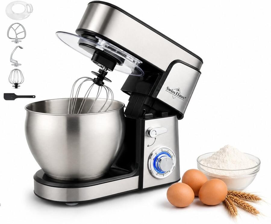 Swiss Haus KM2207 Keukenmachine 1500W – 7L RVS Keukenrobot – 6 Snelheden + Pulse – Multifunctionele Standmixer met Accessoires – RVS