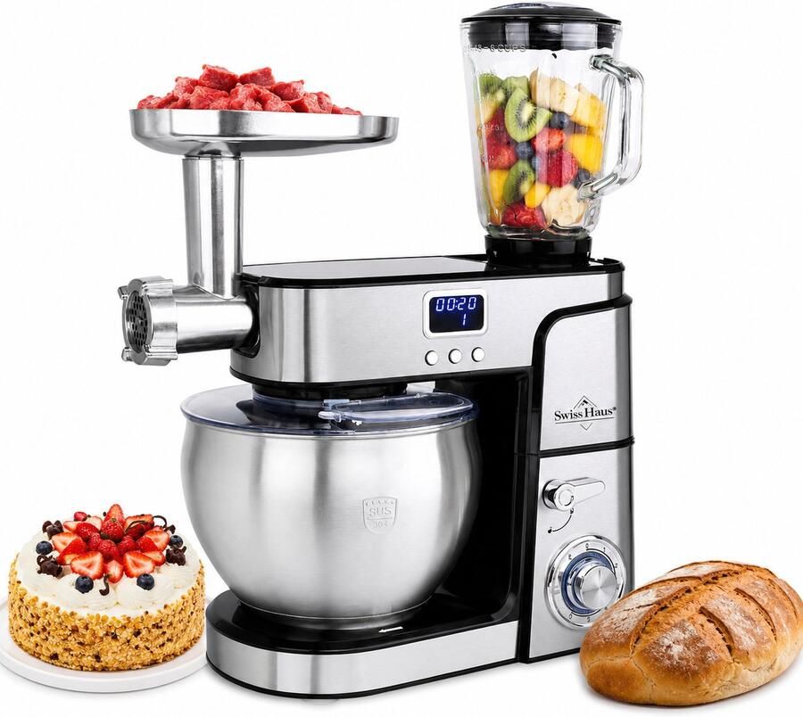 Swiss Haus KM2207BG Keukenmachine 1500W Keukenrobot – 7.0L RVS Mengkom – Met Blender 1.5L & Vleesmolen – Foodprocessor met Timer & LED Display – RVS