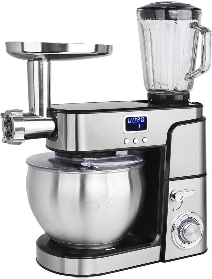 Swiss Haus KM2207BG Keukenmachine 1500W Keukenrobot – 7.0L RVS Mengkom – Met Blender 1.5L & Vleesmolen – Foodprocessor met Timer & LED Display – RVS