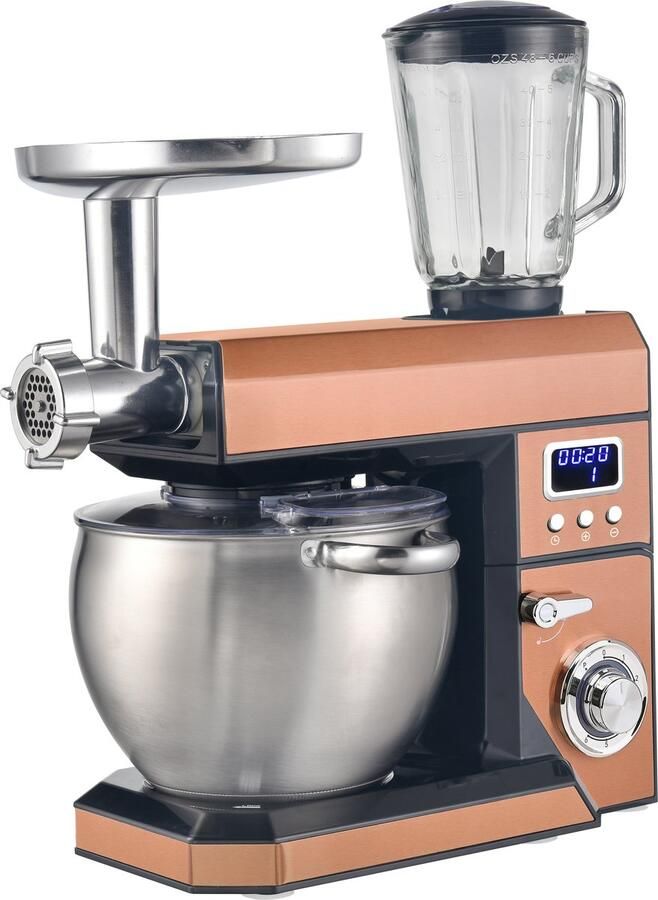 Swiss Haus KM2285BG Keukenmachine 1500W Keukenrobot – 8.5L RVS Mengkom – Met Blender 1.5L & Vleesmolen – Foodprocessor met Timer & LED Display – Koper