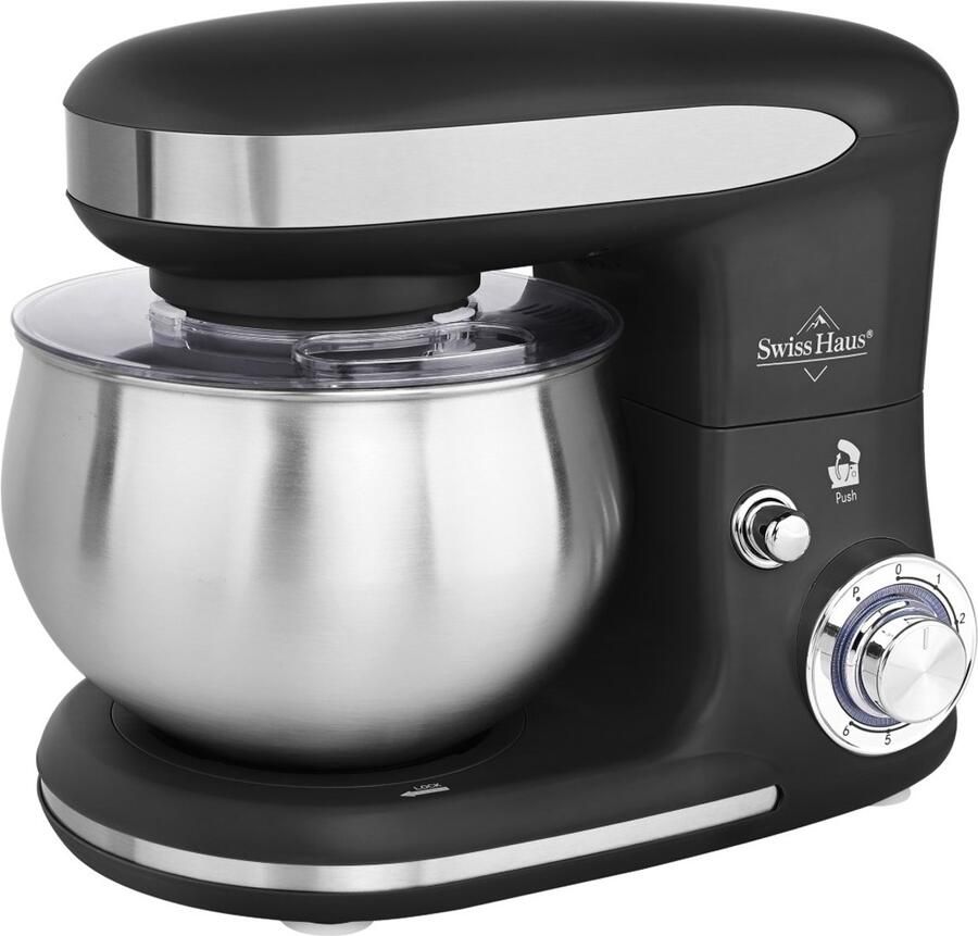 Swiss Haus KM2305 Keukenmachine 1300W Keukenrobot – 5L RVS Mengkom – Keukenmixer met 6 Snelheden + Pulse – met Deeghaak & Garde – Zwart