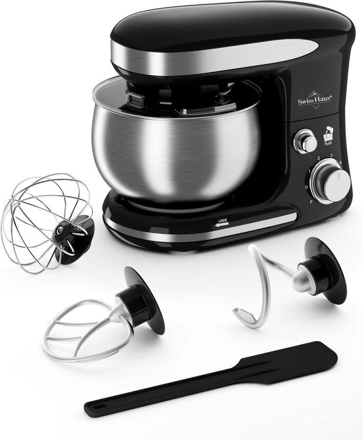 Swiss Haus KM2305 Keukenmachine 1300W Keukenrobot – 5L RVS Mengkom – Keukenmixer met 6 Snelheden + Pulse – met Deeghaak & Garde – Zwart