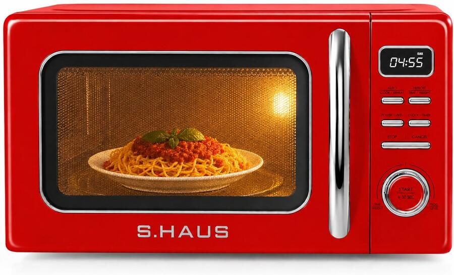 Swiss Haus MW19 Magnetron Vrijstaand 20L – 700W Digitale Solo Microgolfoven – Retro Microwave Vintage Design – Auto Cook & Ontdooifunctie – 11 Verwarmingsstanden Rood