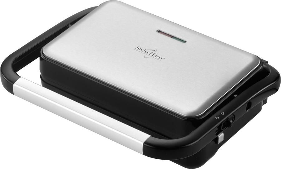 Swiss Haus PG2223 Panini Grill 1000W – 23 x 14.5 cm Contact Grill & Tosti Apparaat – PFAS Vrij Antiaanbaklaag – Cool Touch Handgreep – 180º Uitklapbaar RVS Design – Zwart