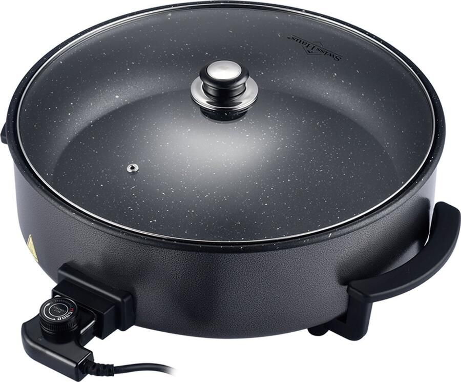 Swiss Haus PP42 Elektrische Hapjespan met Deksel XXL Ø42cm – 1500W Partypan – PFAS Vrij Antiaanbaklaag – Regelbare Thermostaat 120–220°C – Hittegeïsoleerde Handgrepen – Zwart