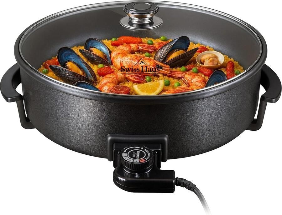 Swiss Haus PP42 Elektrische Hapjespan met Deksel XXL Ø42cm – 1500W Partypan – PFAS Vrij Antiaanbaklaag – Regelbare Thermostaat 120–220°C – Hittegeïsoleerde Handgrepen – Zwart