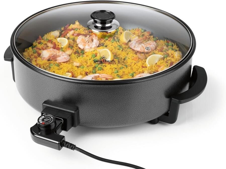 Swiss Haus PP42 Elektrische Hapjespan met Deksel XXL Ø42cm – 1500W Partypan – PFAS Vrij Antiaanbaklaag – Regelbare Thermostaat 120–220°C – Hittegeïsoleerde Handgrepen – Zwart - Foto 2