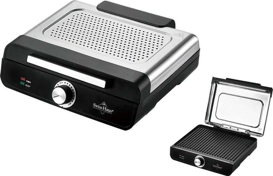 Swiss Haus TG22 Elektrische Grillplaat 2200W – 36 x 26 cm Tafelgrill Indoor Contact Grill – Bakplaat PFAS Vrij Antiaanbaklaag – Afneembaar Deksel – Met Temperatuurregelaar – RVS Zwart