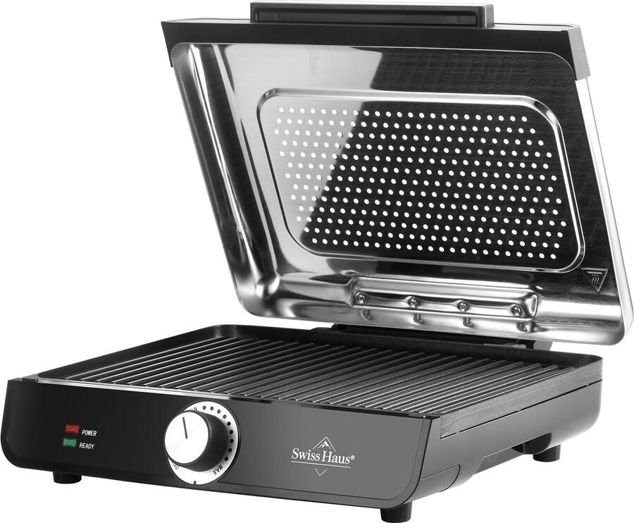 Swiss Haus TG22 Rookvrije Elektrische Grillplaat 2200W – 36 x 26 cm Tafelgrill Indoor Contact Grill – Bakplaat Gourmet PFAS Vrij Antiaanbaklaag – Afneembaar Deksel – Met Temperatuurregelaar – RVS Zwart