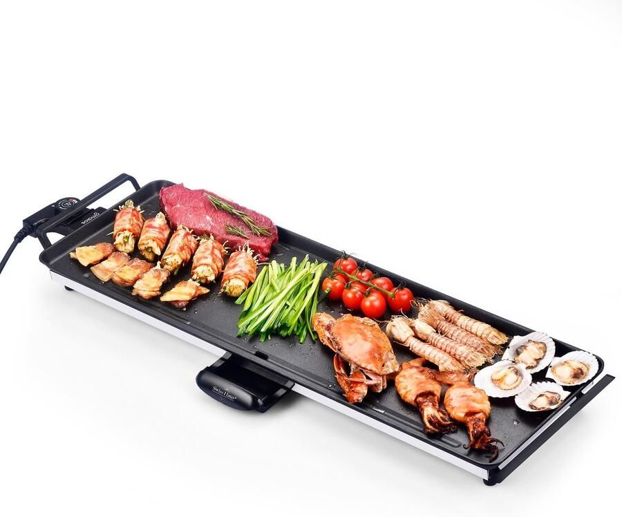 Swiss Haus TP70 Bakplaat L – 1800W Elektrische Grillplaat – Gourmet PFAS Vrij – 70x23 cm – Afneembare Thermostaat & Handgrepen – Vetopvangbak – Teppanyaki Tafelgrill voor 6-8 Personen – Zwart