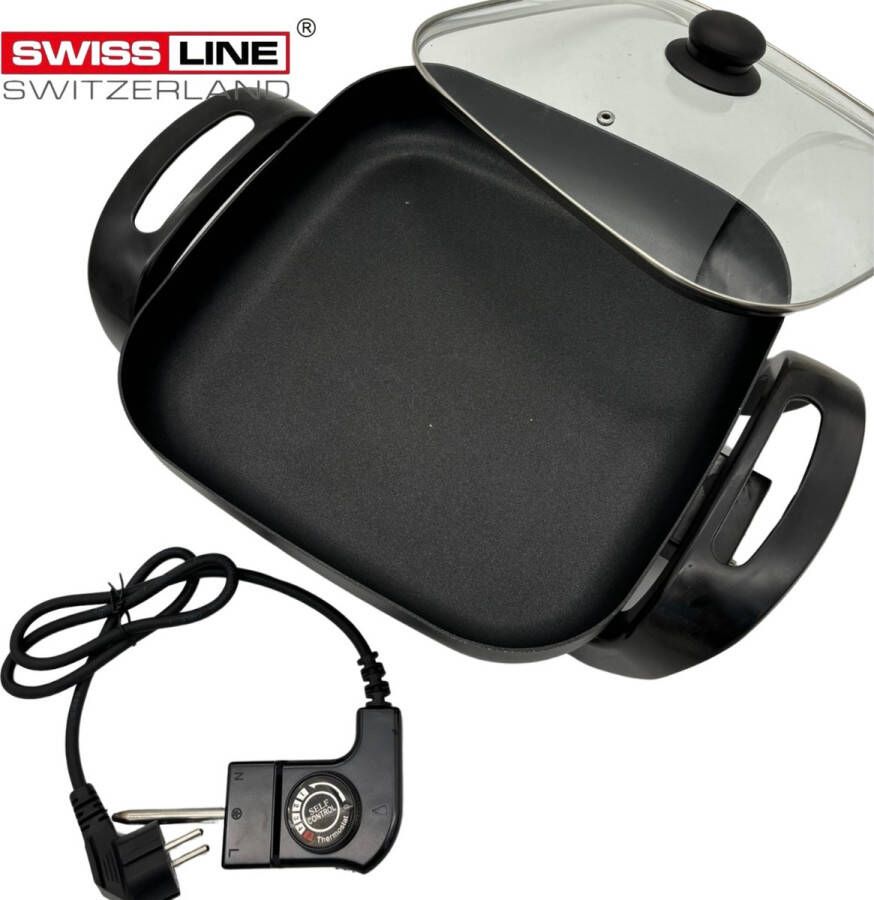Swiss line switzerland Elektrische vierkante pan Pizza pan Hapjespan Anti-aanbaklaag en Regelbare Thermostaat 30cm