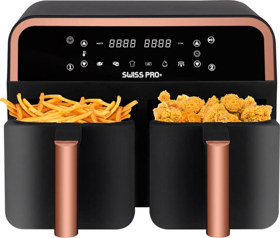 Swiss Pro+ Dubbele Airfryer Heteluchtfriteuse XXL Airfryer twee Kookvakken 8 Liter 2400 Watt Dual Zone Technologie Classic Edition Rose Gold Model 2022 SPAF8L2G