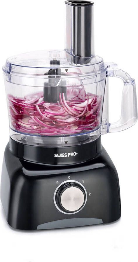 Swiss pro + Multifunctionele Foodprocessor – 800W – 1 2L Mengkom – Retro Design – Zwart RVS – Snijden Hakken Pureren Raspen & Persen – Inclusief Accessoires