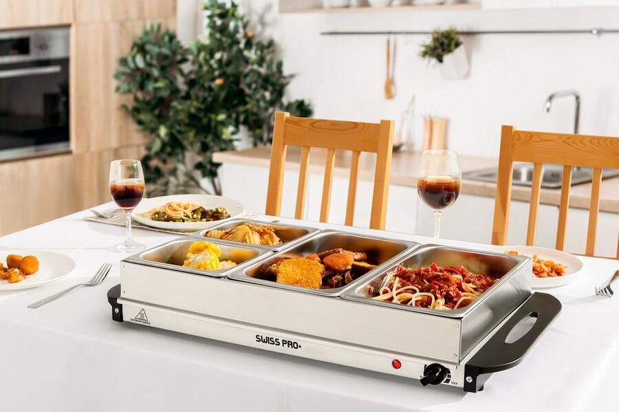 Swiss Pro+ buffetverwarmer elektrisch met kookplaatfunctie temperatuurregelaar RVS opwarmapparaat voedselverwarmer warmhoudplaat Buffet – 2 x 2.5 Liter & 2 x 1 Liter – Buffetwarmer met Warmhoudplaat Au Bain Marie Warmhoudplaat -SP-BUF300