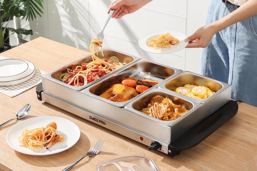 Swiss Pro+ buffetverwarmer elektrisch met kookplaatfunctie temperatuurregelaar RVS opwarmapparaat voedselverwarmer warmhoudplaat Buffet – 2 x 2.5 Liter & 2 x 1 Liter – Buffetwarmer met Warmhoudplaat Au Bain Marie Warmhoudplaat -SP-BUF300 - Foto 2