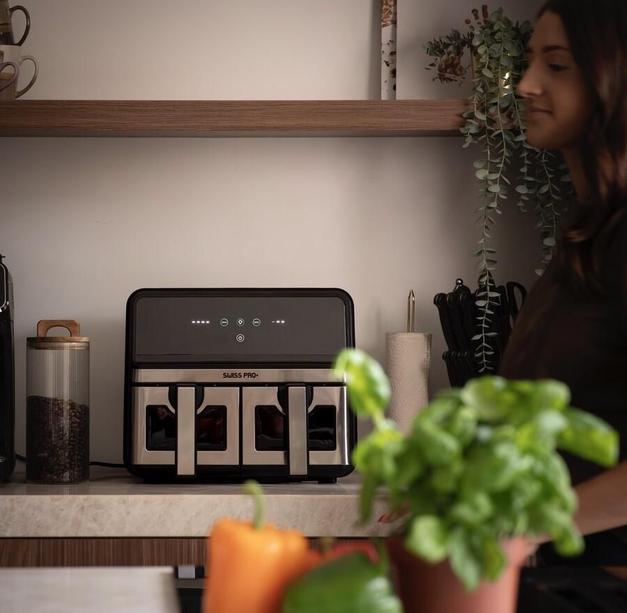 Swiss Pro+ Dubbele Airfryer Heteluchtfriteuse XXL Airfryer twee Kookvakken 8 Liter 2400 Watt Dual Zone Technologie Classic Edition Rose Gold Model 2022 SPAF8L2G