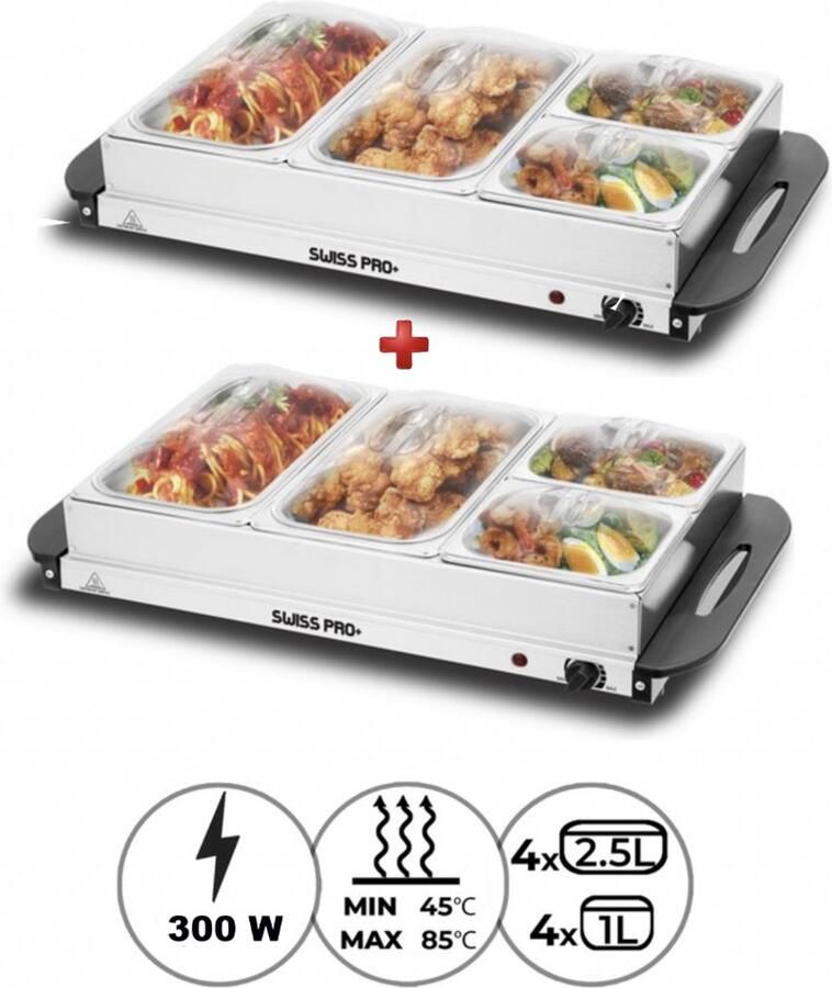 Swiss Pro+ Dubbele Warmhoudplaat 300W 4 x 2 5 Liter & 4 x 1 Liter Incl deksel RVS