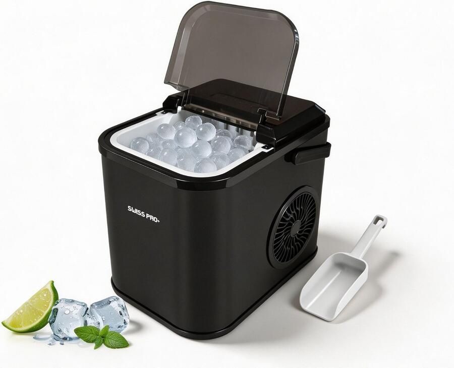 Swiss Pro+ IJsblokjesmachine 2 Liter 6-8 Min. 12kg 24u -Draagbaar-Zelfreinigend- met IJsschep Zwart SP-ICE1100.WC