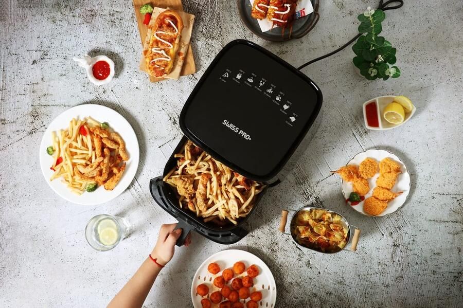 Swiss Pro+ SP-AF1450 airfryer XXXL Intelligente Heteluchtfriteuse Digitaal- 5 L XXXL New Model 2022 Touchscreen TURBO Opwarmen Piano Black zwart 5 liter