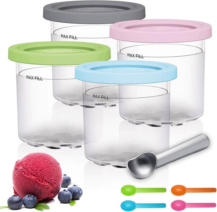 Creami bekers geschikt voor Creami Deluxe Pints 16 oz Ijsjeshouder Creami containers geschikt voor ijsmachine NC301 NC300 NC299AMZ-Serie 4 stukken vervanging BPA-vrij afwasmachinebestendig Accessoires deksels