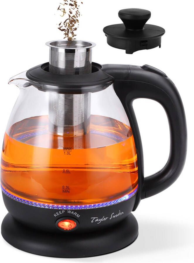 Taylor Swoden Abel 30IAS Elektrische Waterkoker Glazen waterkoker 1L 2200W LED Verlichting en Theefilter Warmhoudfunctie Zwart - Foto 2