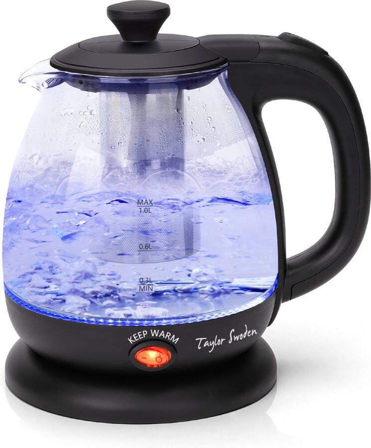 Taylor Swoden Abel 30IAS Elektrische Waterkoker Glazen waterkoker 1L 2200W LED Verlichting en Theefilter Warmhoudfunctie Zwart - Foto 4