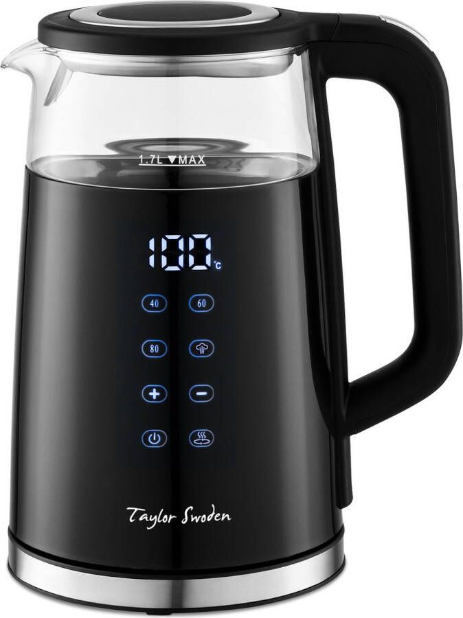 Taylor Swoden Denise Waterkoker met Temperatuurregeling 1 7L Warmhoudfunctie Dubbelwandig 2200W LED Touch Glas Zwart