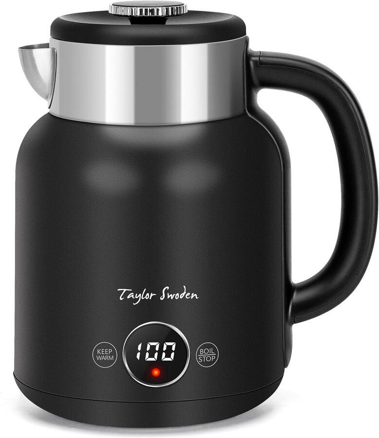 Taylor Swoden Asher Retro Waterkoker met Temperatuurregeling 1.7 Liter Warmhoudfunctie Display Dubbelwandig Cool-touch 2200W RVS Zwart
