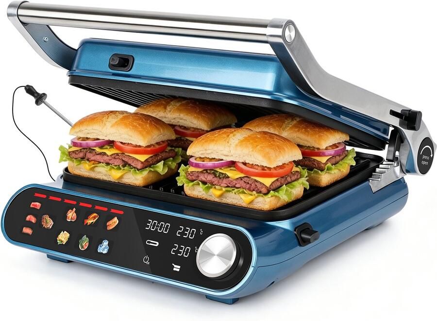 Taylor Swoden Pantheon Contactgrill 2000W Panini Grill met Touchscreen en Draaiknop 180° Uitklapbaar Temperatuursonde Instelbare Hoogte Afneembare Grillplaten 60 min Timer Dubbele Temperatuurregeling