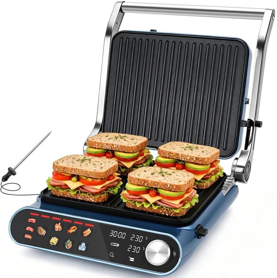 Taylor Swoden Pantheon Contactgrill 2000W Panini Grill met Touchscreen en Draaiknop 180° Uitklapbaar Temperatuursonde Instelbare Hoogte Afneembare Grillplaten 60 min Timer Dubbele Temperatuurregeling
