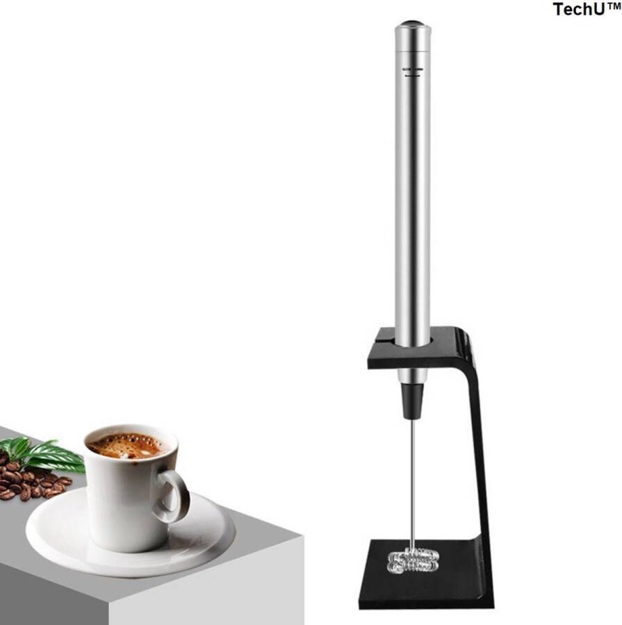 TechU™ Draadloze Melkopschuimer met Houder – Mini Staafmixer RVS – Elektrische Melkopshuimer – Werkt op Batterijen – Melk Opklopper & Roeren & Klutser – Zilver