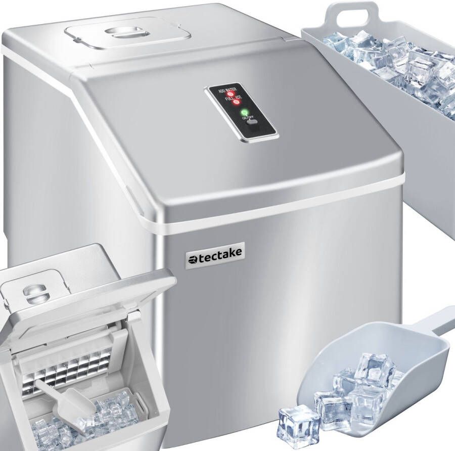 Tectake Professionele IJsblokjesmachine IJsblokjesmaker voor Heldere IJsblokjes 13 kg per 24 Uur 2 Liter Watertank 24 IJsblokjes per Cyclus Inclusief Ijsschep Zilver