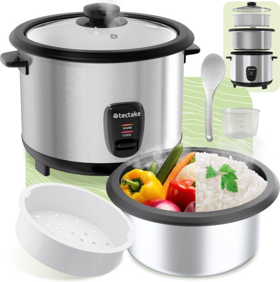 Tectake Rijstkoker Stoompan en rijstmaker met stoominzet Kookpot voor de keuken met groot volume van 1 8L Maximaal 10 porties kleefrijst volkoren rijst of sushirijst