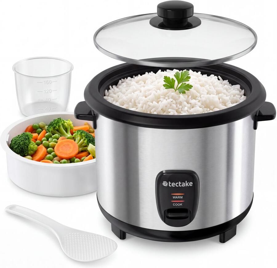 Tectake Rijstkoker Stoompan en Rijstmaker met Stoominzet Kookpot voor de Keuken met Groot Volume van 1 8L Maximaal 10 Porties Kleefrijst Volkoren Rijst of Sushirijst