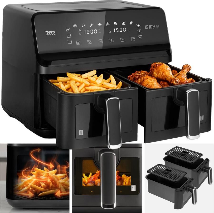 Teesa AIR FRYER DUAL POT XXL Heteluchtfriteuse 2700W 8L Twee Kommen