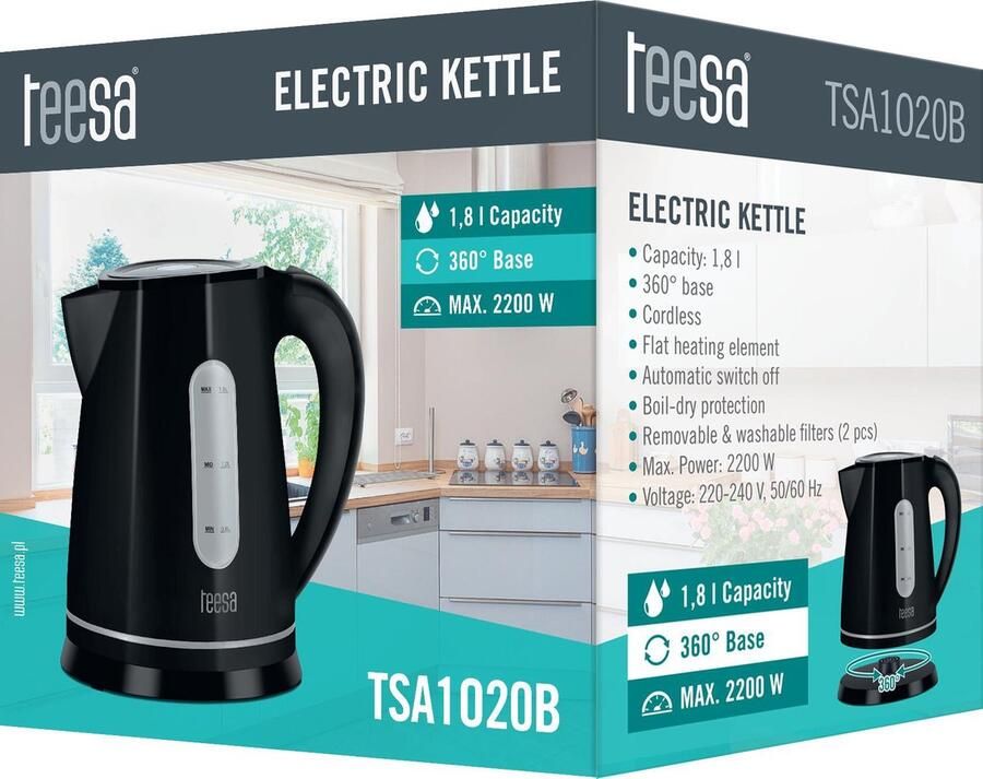 Teesa TSA1020B Draad- en geruisloze waterkoker 1 8 liter zwart
