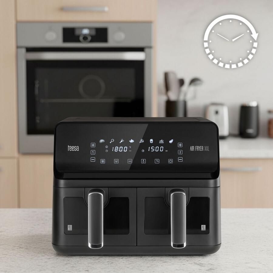 Teesa TSA8089 Digitale dubbele airfryer XXL zwart DUAL POT XXL Hete luchtfriteuse 2700W 8L dubbele pan