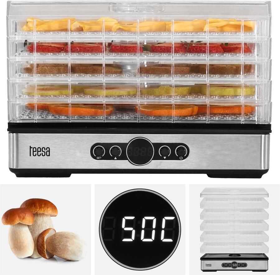 Teesa Voedsel Dehydrator 400W – 5 Transparante Droogrekken voor Paddenstoelen Groenten & Fruit – Digitale Display met Thermostaat & Timer – Warme Lucht Circulatie – Efficiënte Voedsel Droger voor Thuis