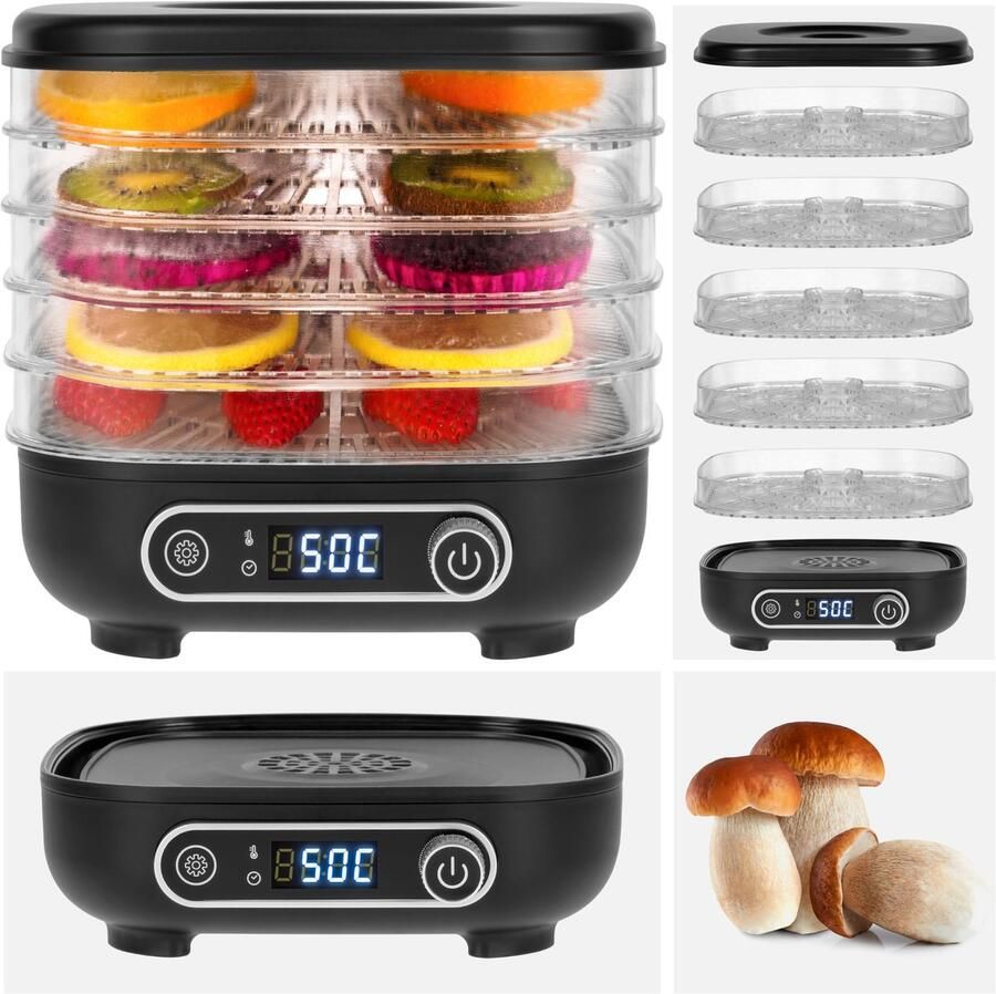 Teesa Voedseldroger 300W – Voedsel Dehydrator met 5 Kunststof Droogrekken – Digitale Timer & Temperatuurregeling – Voor Fruit Groenten Kruiden & Paddenstoelen – Compacte Droogmachine met Warme Luchtcirculatie