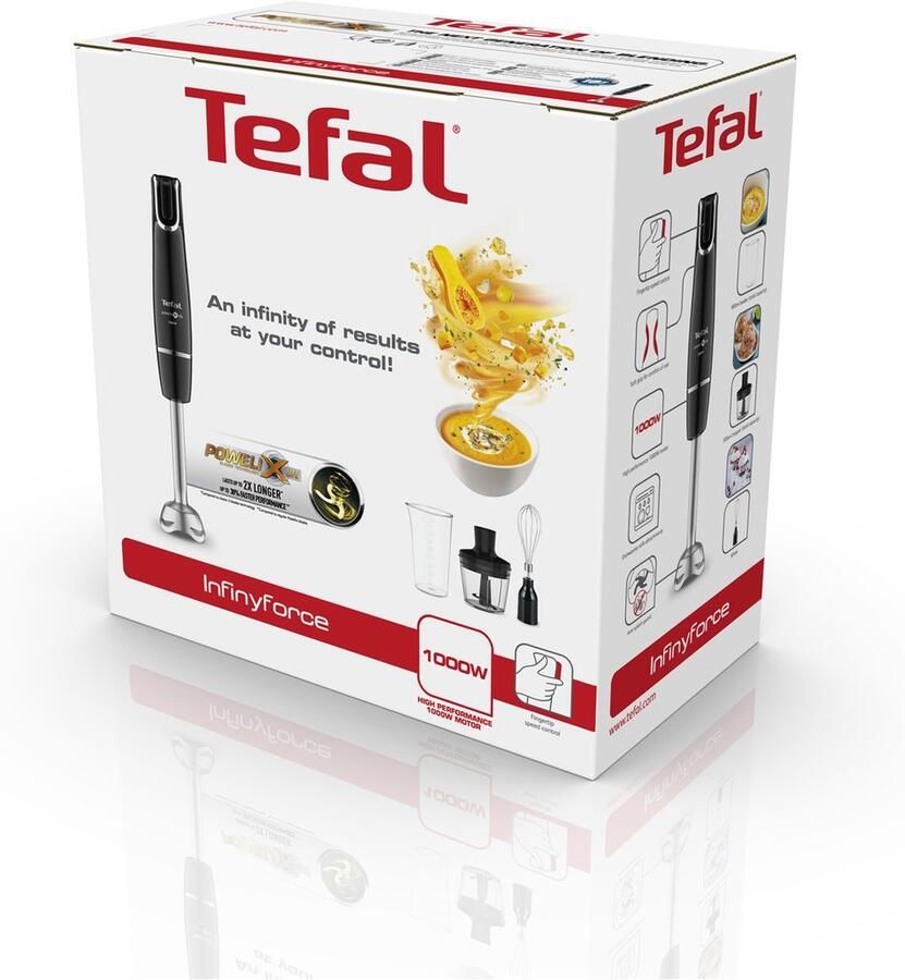 Tefal InfinyForce HB9438 Staafmixer Inclusief Mengbeker Hakmolen en Garde Ergonomische Snelheidsregeling Geschikt voor Sauzen en Soepen Zwart 1000W